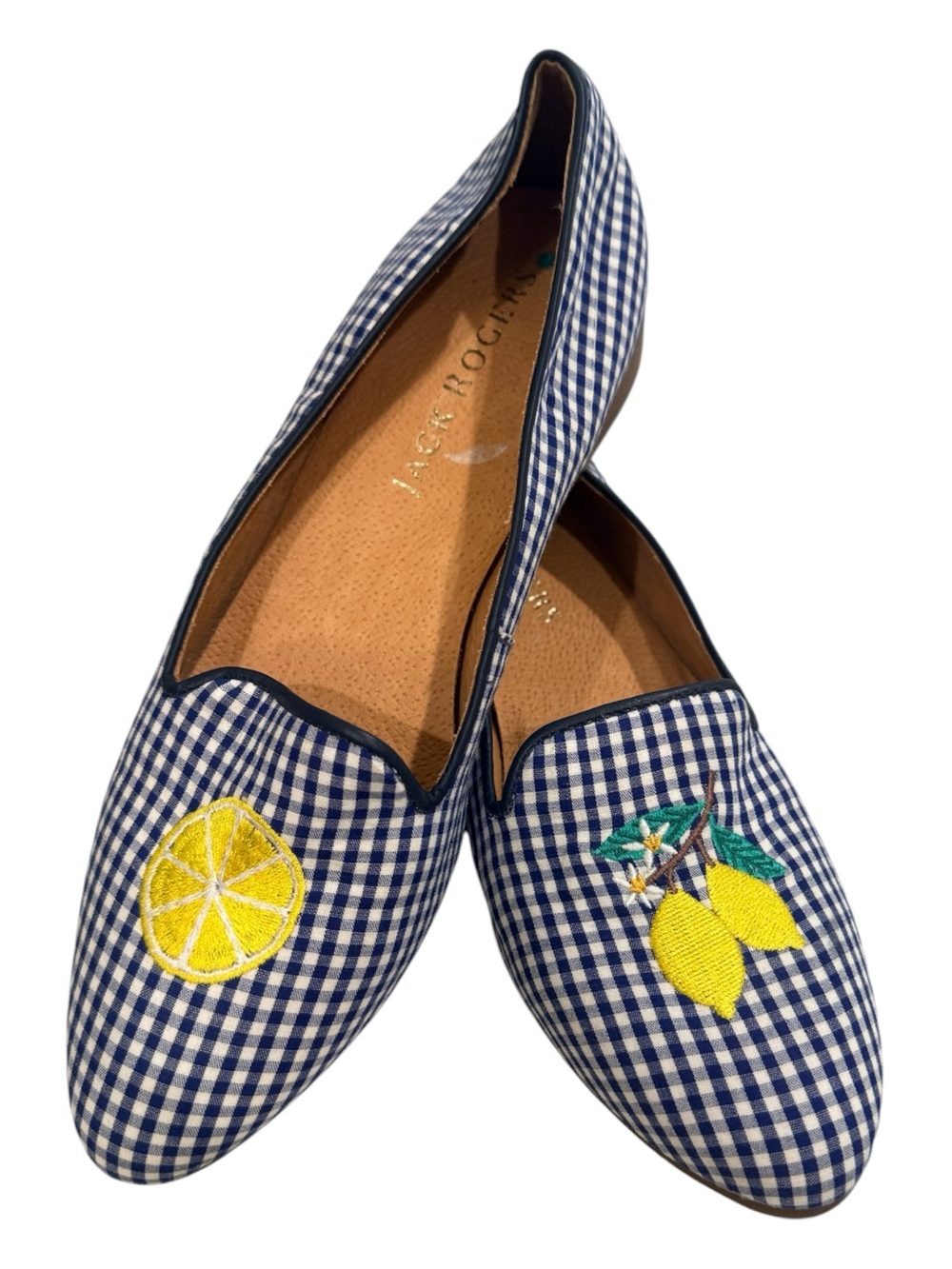 Jack Rogers Navy Gingham Lemon Embroidered Loafers - Navy/Yellow
